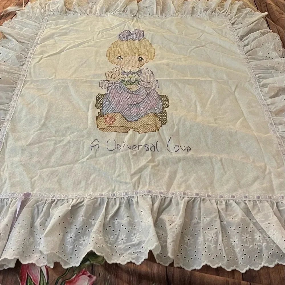 Vintage Precious Moments Handmade Cross stitched Baby Blanket w/ Eyelet Ruffle